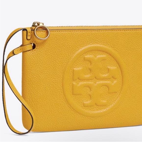 Tory Burch Yellow Leather Wristlet Pouch Clutch Handbag Purse - Picture 1 of 16